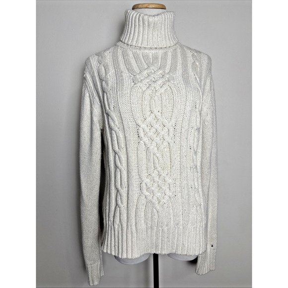 Tommy Hilfiger Ivory Cable Knit Sweater Sz L Chunky Gold Fleck Preppy Turtleneck - Picture 1 of 11